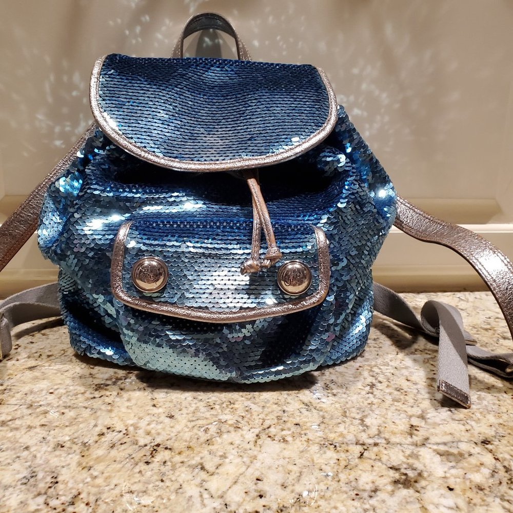 Limited Edition Coach Poppy Blue Sequin Backpack Bag 16916 - Picture 1 of 16